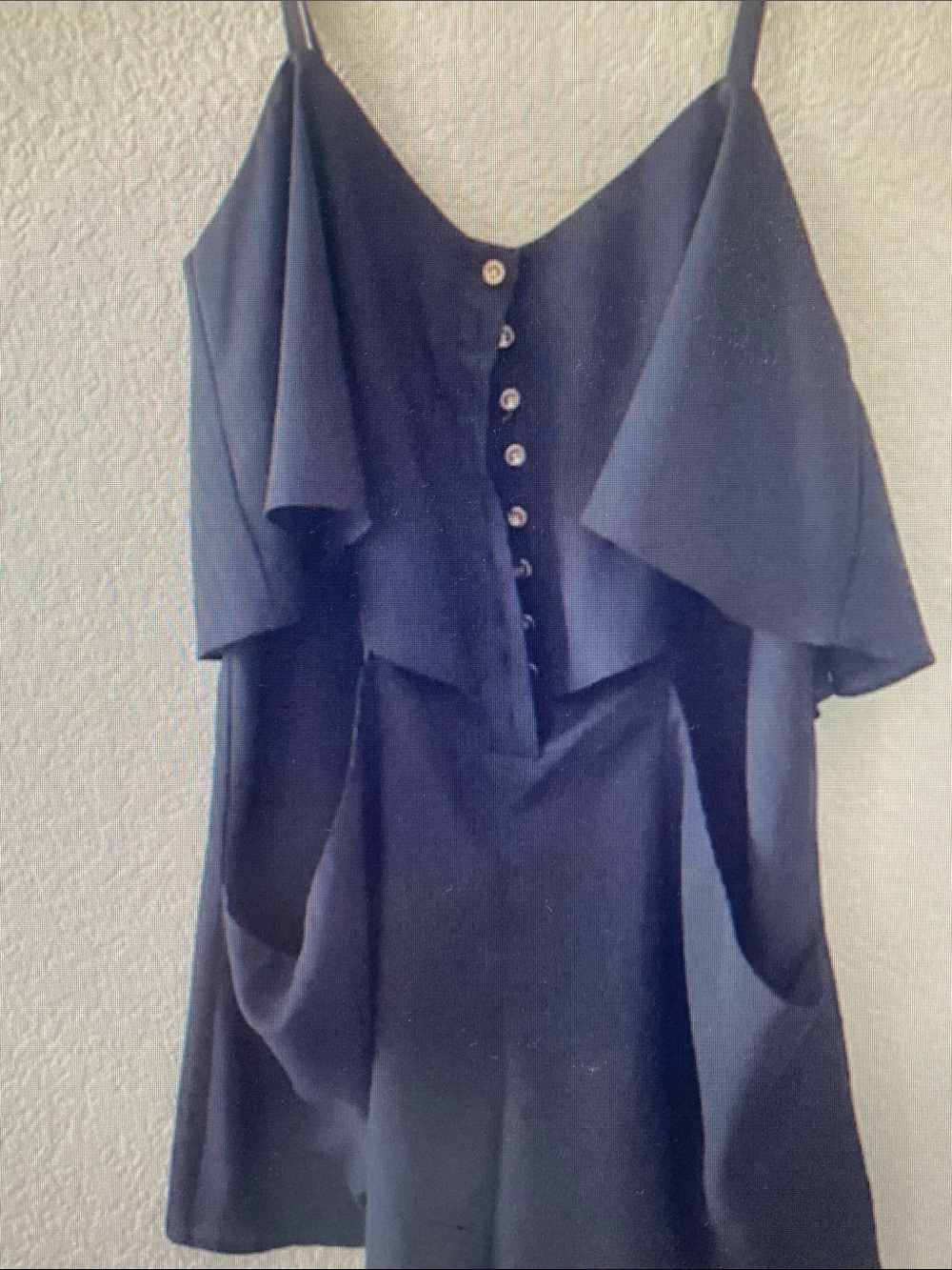 bebe Navy Off-Shoulder Jumpsuit with Button Front